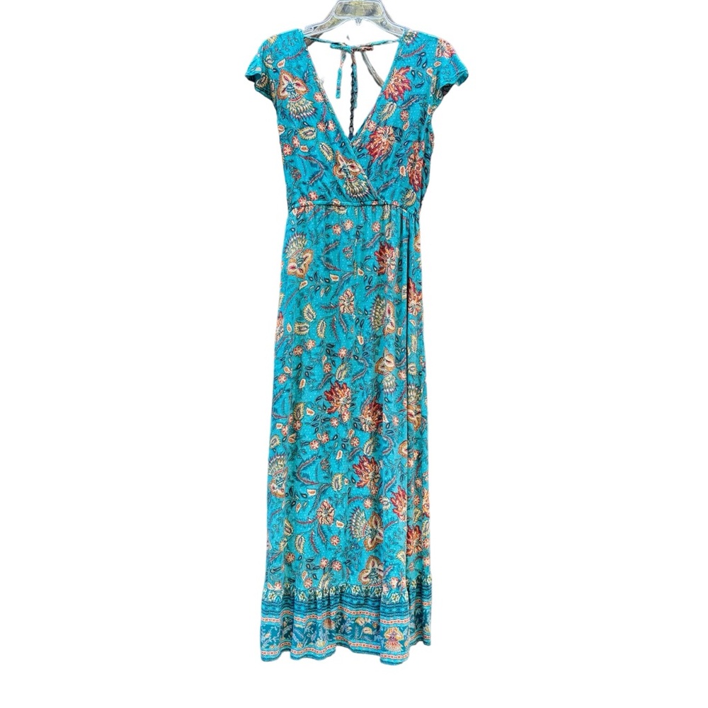 Band Of The Free Maxi Dress Blue Floral Double V Neck Faux Wrap Pockets Size M - Picture 5 of 11